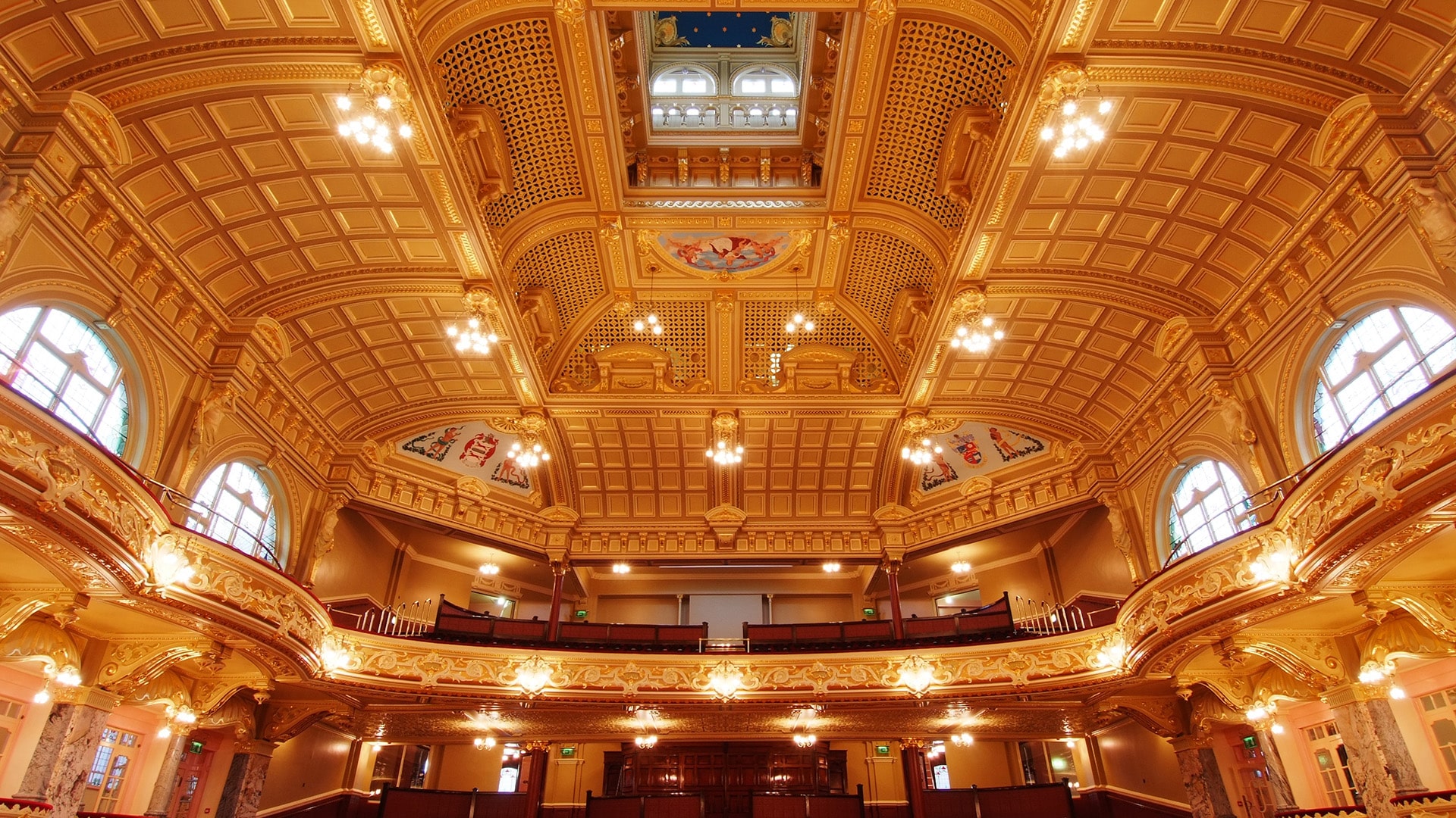 View from the stage of the Royal Hall including seating and ceiling