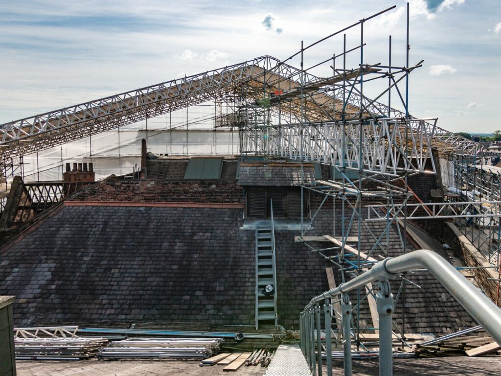 Scaffolding on the roof at Harrogate Theatre for repairs